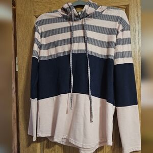 Boutique Lightweight Striped Hoodie Top in Blush and Black